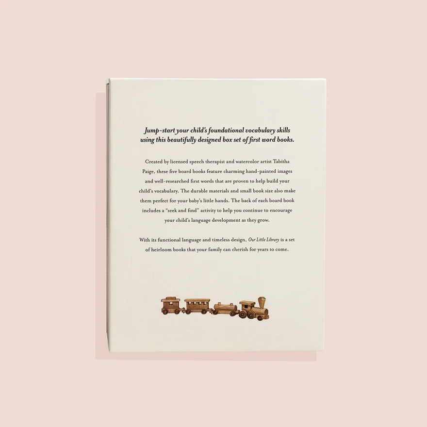 Back of the Our Little Library Vol. 1 box showing the product description and train illustration
