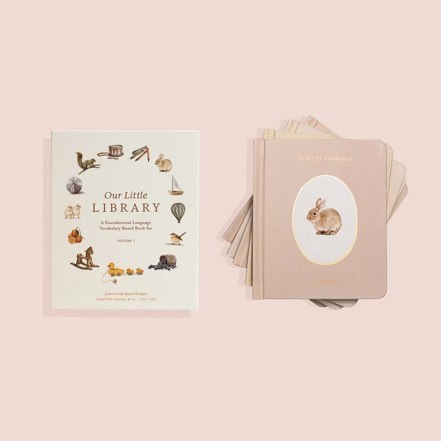 Our Little Library Vol. 1 box beside a stack of board books with Forest Animals on top