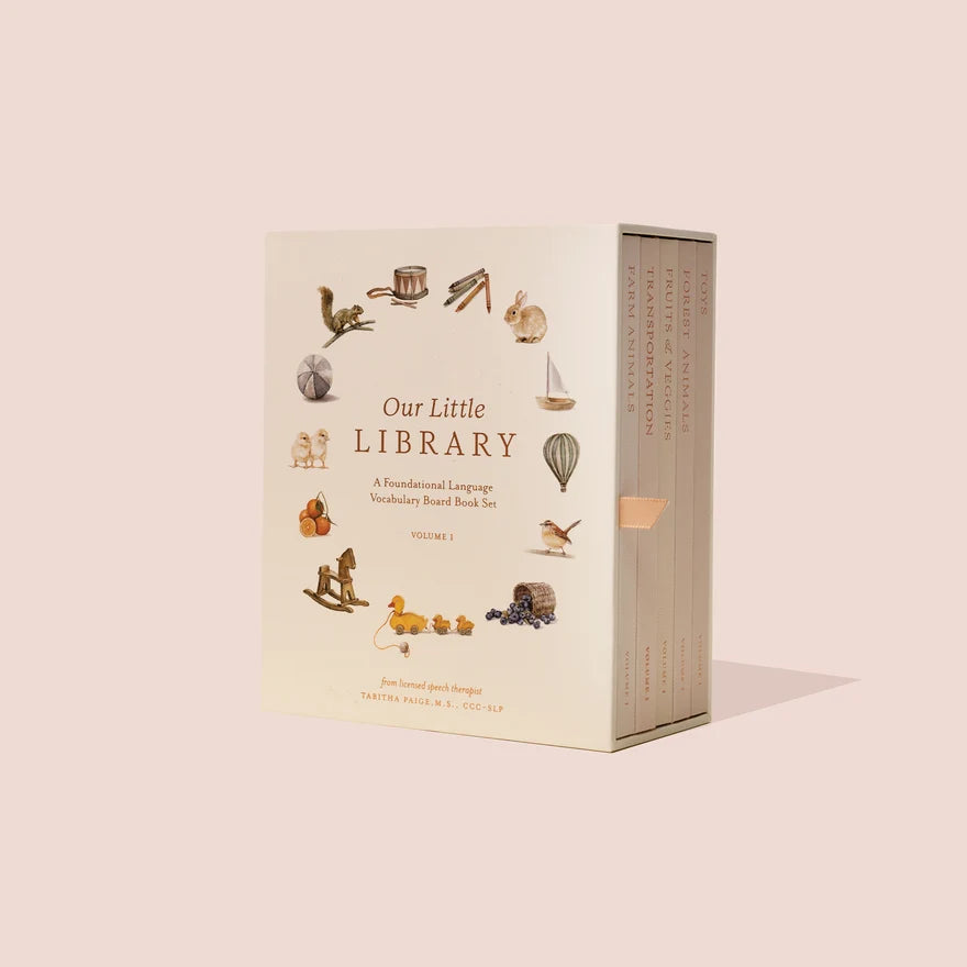 Our Little Library Vol. 1 boxed set standing upright, showing the illustrated cover and five book spines