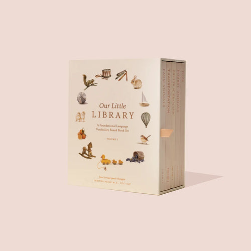 Our Little Library Vol. 1 boxed set standing upright, showing the illustrated cover and five book spines
